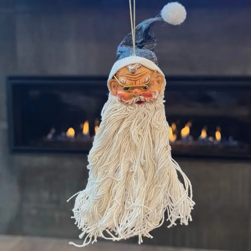 Vintage Santa Claus Head Ornaments Wire Glasses Mop String Beard Set of 3 Retro
